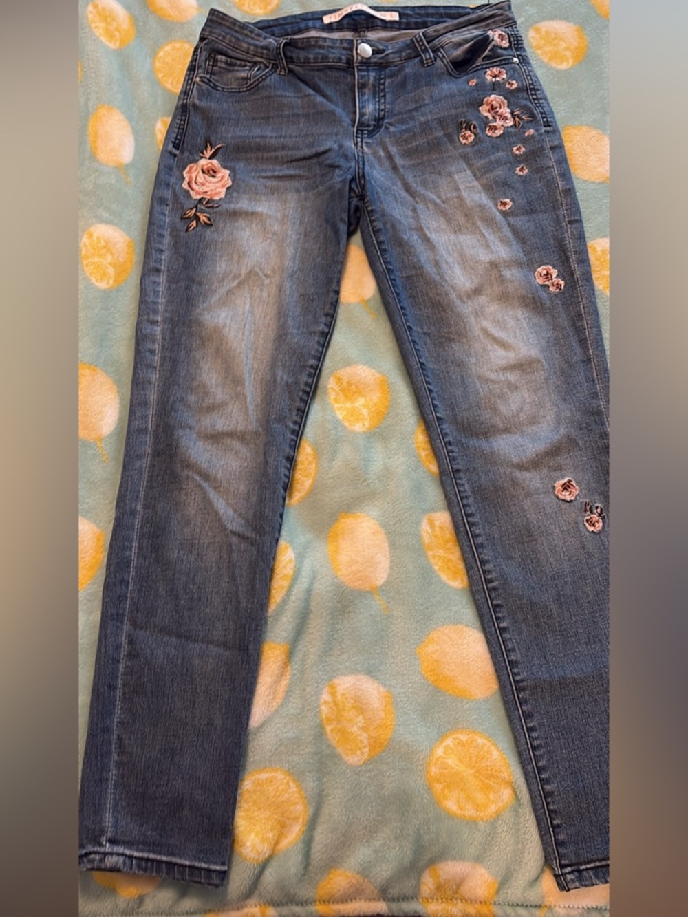 Tinseltown Blue Skinny Jeans with Pink Floral Embroidery